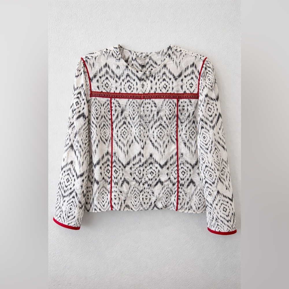 Neiman Marcus Ikat Print Boho Blouse Black White Red Trim Size M